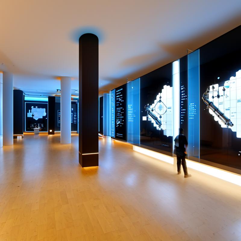 01317-1532956487-A minimalist science and technology museum, an exhibition hall, with a huge screen hanging on the wall, emitting blue light, a m.png